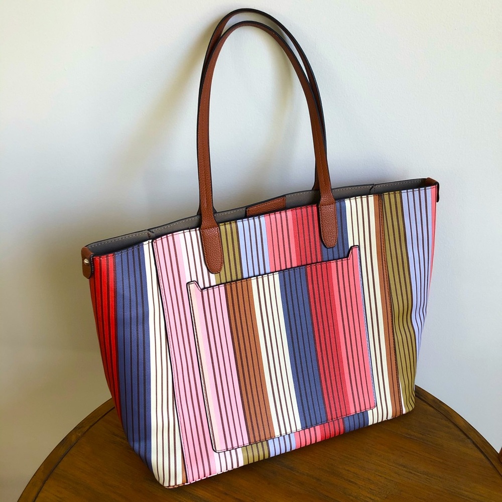 Striped faux leather tote